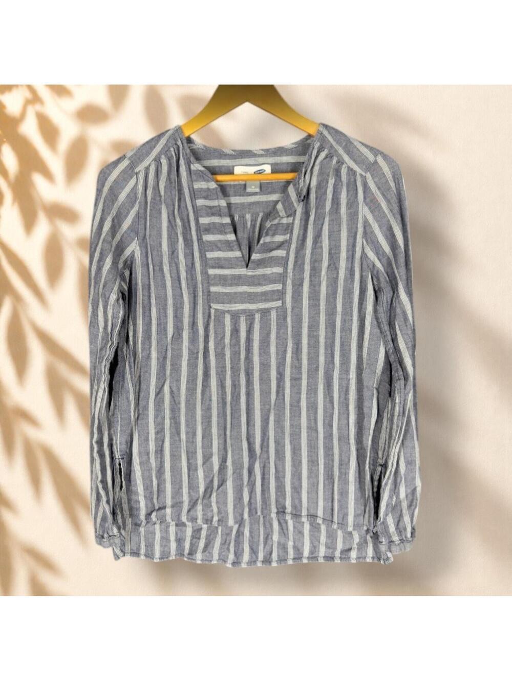 Old Navy Tunic Top Women M Medium Gray Striped Long Sleeve V-Neck Casual